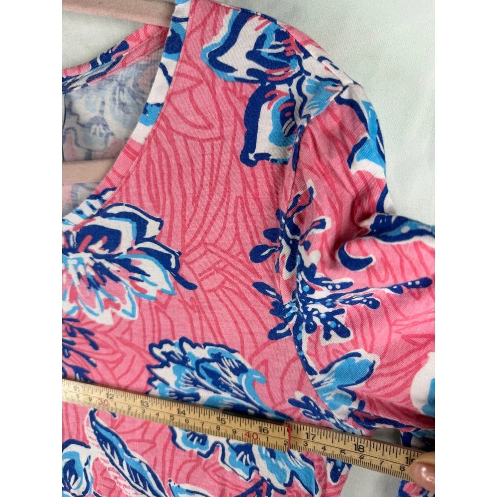 Caribbean Joe Womens Pink Blue Floral Seashell Sharkbite Hem 3/4 Sleeve dress  S